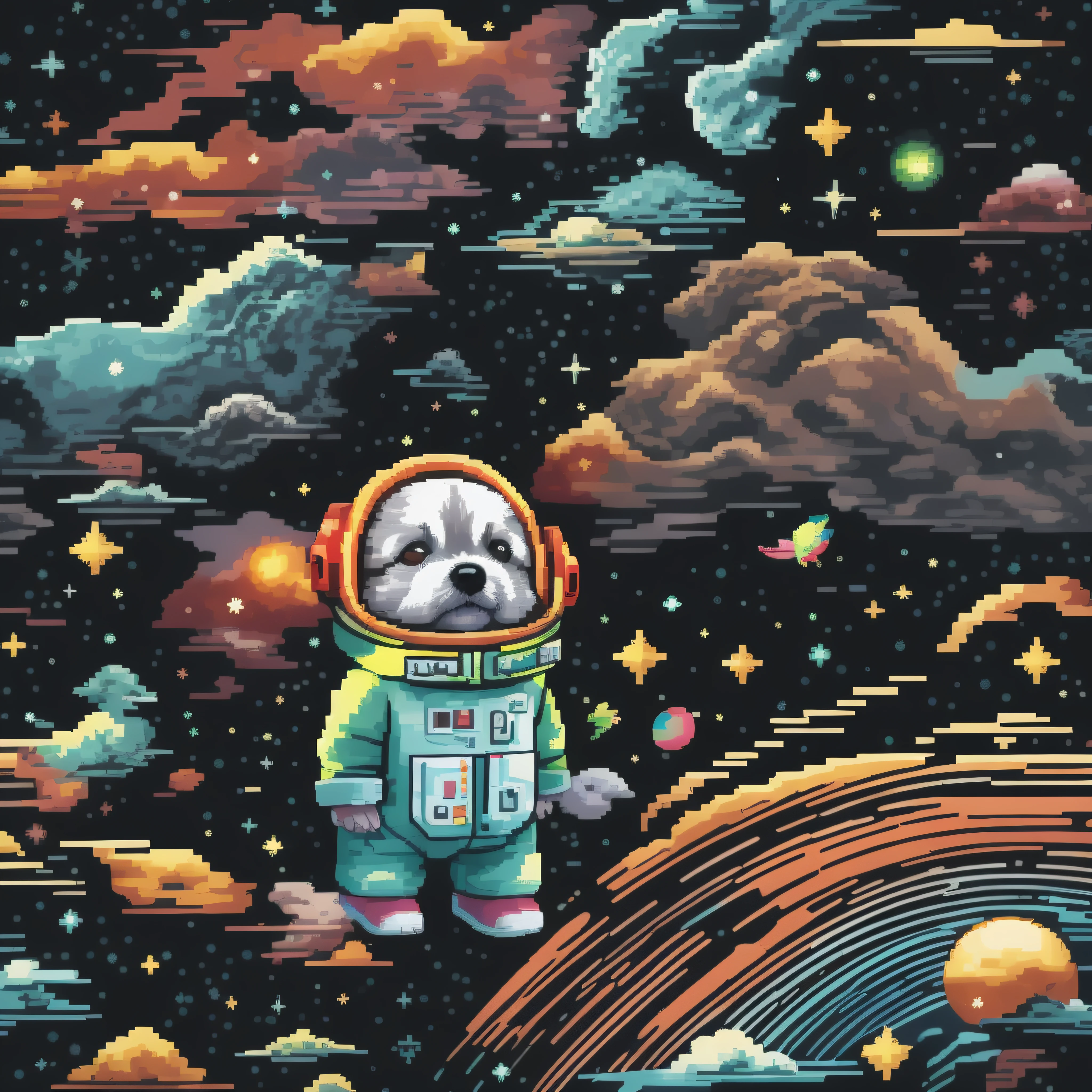 64pixels art, pixel art, very details adorable baby dog, lost in galaxy background, Tshirt design, streetwear design, pro vector, pixel 64bits style, full design, 6 colors only, solid colors, no shadows, full design, warm colors, sticker, bright colors, galaxy environment, Capturing A whimsical, head, spaceship, wearing a nano space suit, winter spring wind rainbow a sprinkle of edible glitter in dream magical ground, trippy, 8k, vivid, ultra details, colourful lighting, surreal photography, portrait, fancy