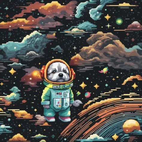 64pixels art, pixel art, very details adorable baby dog, lost in galaxy background, Tshirt design, streetwear design, pro vector...