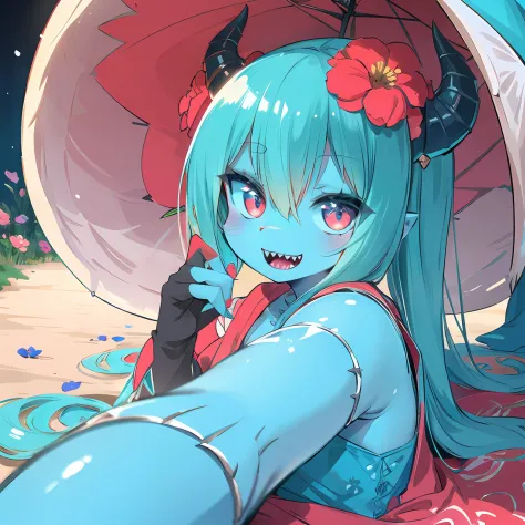 Cute tiny demon girl, (Turquoise blue skin), [furry dragon], in cute summer dress with flowers pattern, flower in her hairs, red...