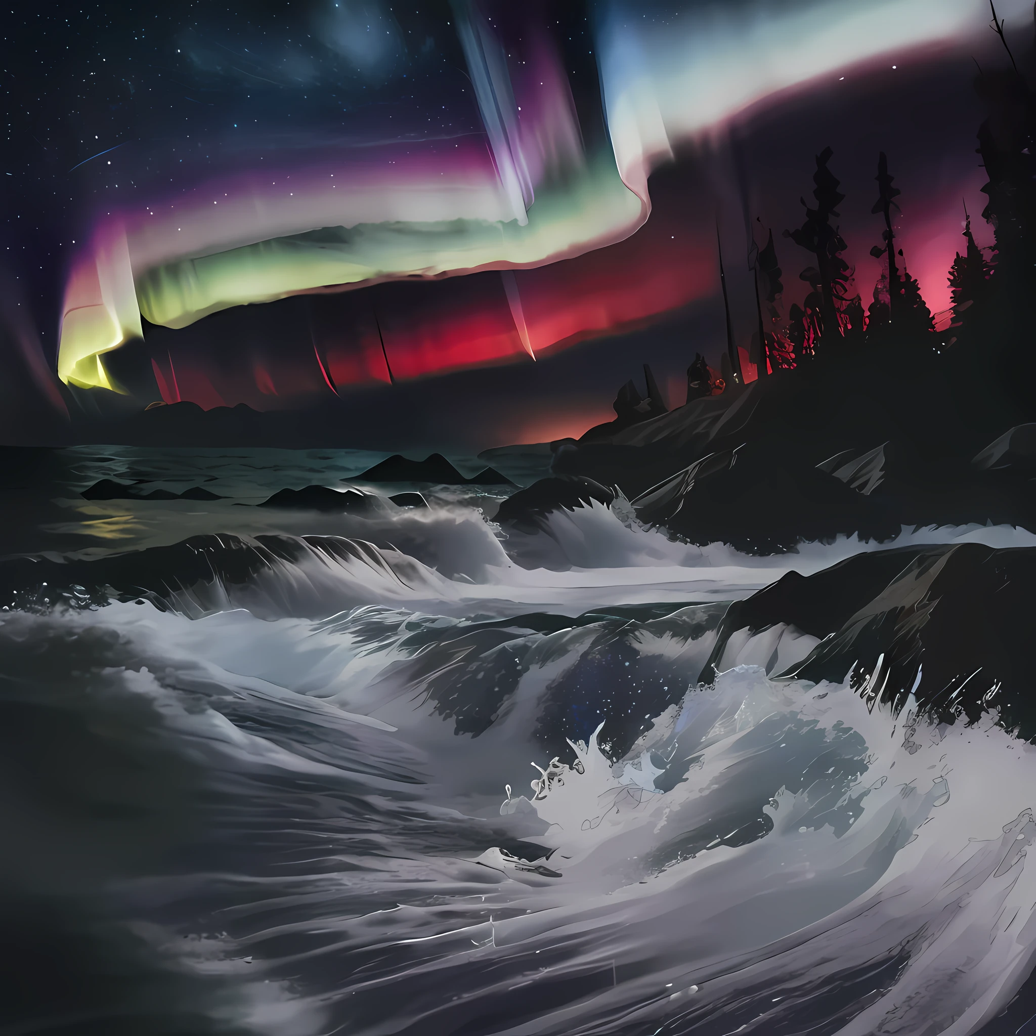 A storm，dark all round，Leaves flying，There are colored auroras on the clouds