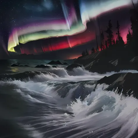 A storm，dark all round，Leaves flying，There are colored auroras on the clouds