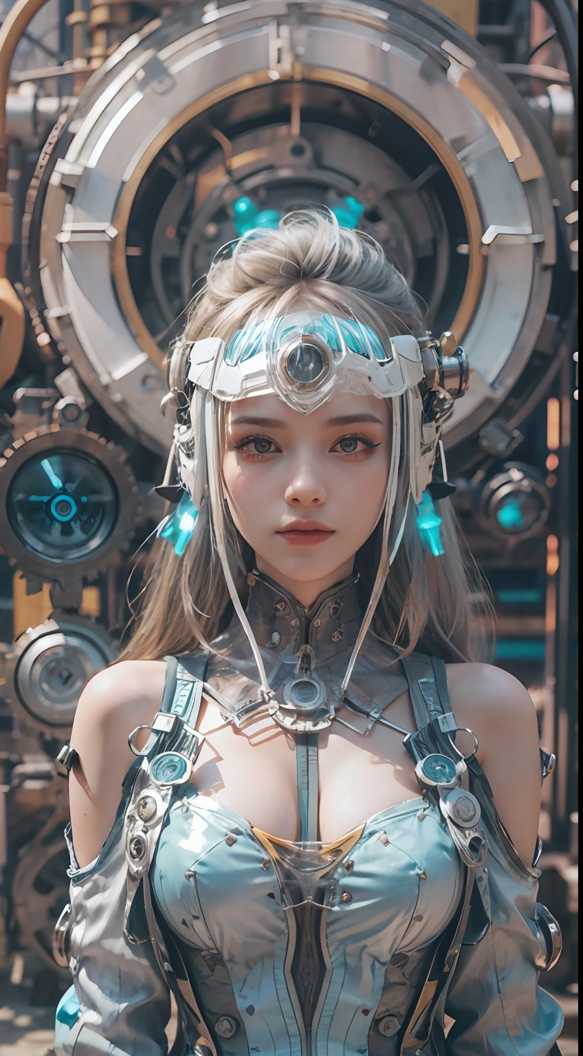 panorama, full body, best quality, masterpiece, super high resolution, (realism:1.4), absurdity, cinema lights, (best vista photos of mechanical girls), ((glow)), (blue dragon pattern on clothes), blonde, long hair, blue eyes, smile, delicate headdress, extremely detailed face, surrealism, steampunk, intricate design, extremely detailed, exquisite detail, HDR (high dynamic range), ray tracing, Unreal 5, subsurface scattering, PBR texture, post-processing, Anisotropic Filtering, Depth of Field, Maximum Sharpness and Acutance, Multi-layer Textures, Albedo and Highlight Maps, Surface Shading, Accurate Simulation of Light-Material Interactions, Perfect Proportions, Octane Rendering, Duotone Illumination, Low ISO, White Balance, Rule of Thirds, Wide Aperture, 8K RAW, High Efficiency Subpixels, Subpixel Convolution, Luminescent Particles, Light Scattering, Tyndall Effect