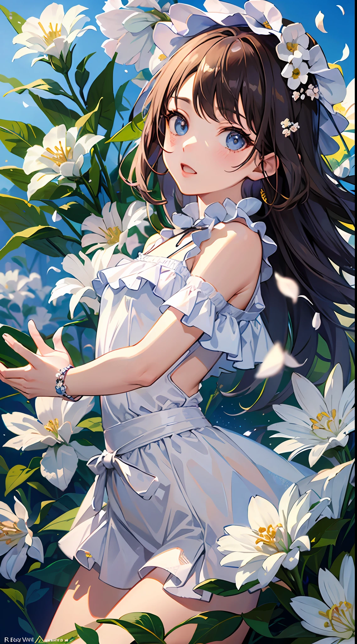 (masterpiece, best quality:1.6), white lace dress, cowboy shot, thighs, beautiful girl, (flowers, many small white petals:1.3), garden, blue sky, looking at viewer, small waist, official art, raw photo, incredibly absurdres, facelight, dynamic lighting, cinematic lighting, ultra realistic, highres, photography, sharp focus, highest detailed, extreme detailed, ultra detailed, finely detail, extremely detailed eyes and face