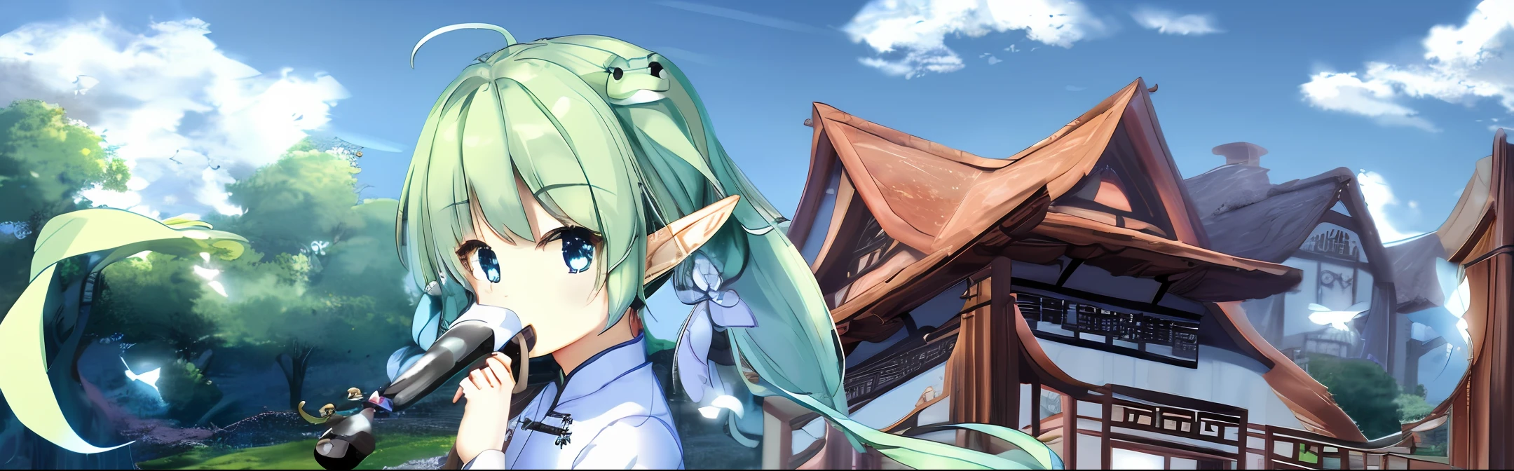 Anime elf with harp wearing a white cheongsam dress with white hair，The head rests on the harp，Turquoise eyes，A golden rune on the forehead。Two small wings like green leaves on the back。