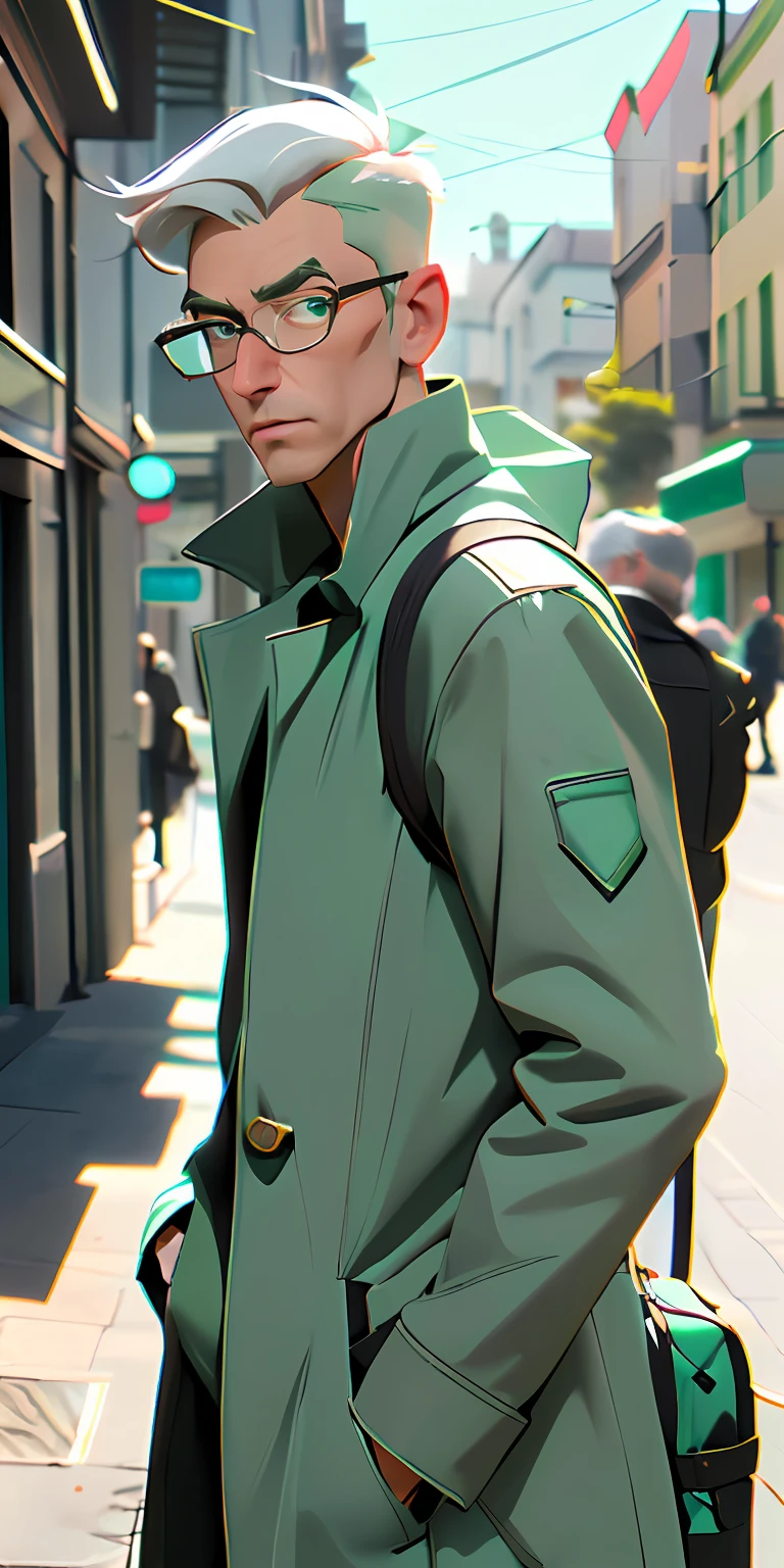 (Character: one man, white hair, clean-shaven, slim body)
(Clothing: mint green coat, glasses, explorer backpack)
(best quality, masterpiece),looking at viewer, upper body, blurry, street)