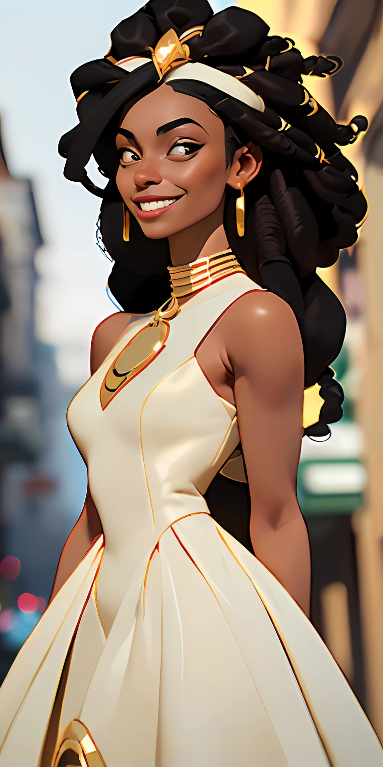 (Character: one Brazilian woman, 20 years old,, dark skin, black skin, smile, black hair, mega hair, dreadlocks:1.3, tall)
(Clothing:  white elegant short dress, golden jewels, golden collars)
(best quality, masterpiece),looking at viewer, upper body, blurry, street)