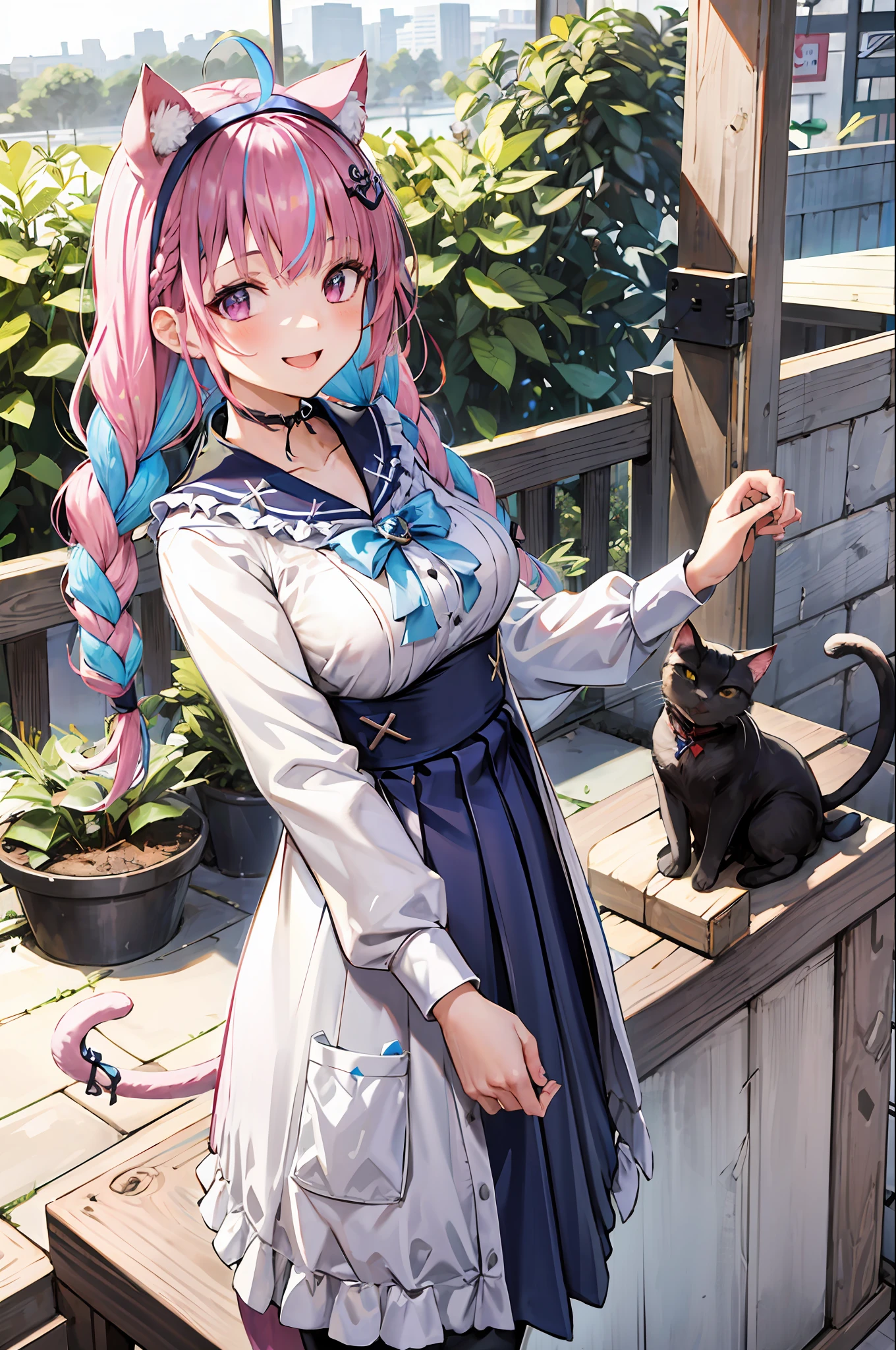 masterpiece, best quality, highres,  sidelighting, 1girl, minato aqua, virtual youtuber, tail, animal ears, cat ears, long hair, purple eyes, braid, ahoge, cat tail, skirt, multicolored hair, twin braids, blue hair,  two-tone hair, hairband, tail ornament, tail ribbon, pink hair, anchor hair ornament, ribbon, sailor collar, school uniform, pleated skirt, bow, cat girl, twintails, large breasts, bangs, upper body, cafe, smile,