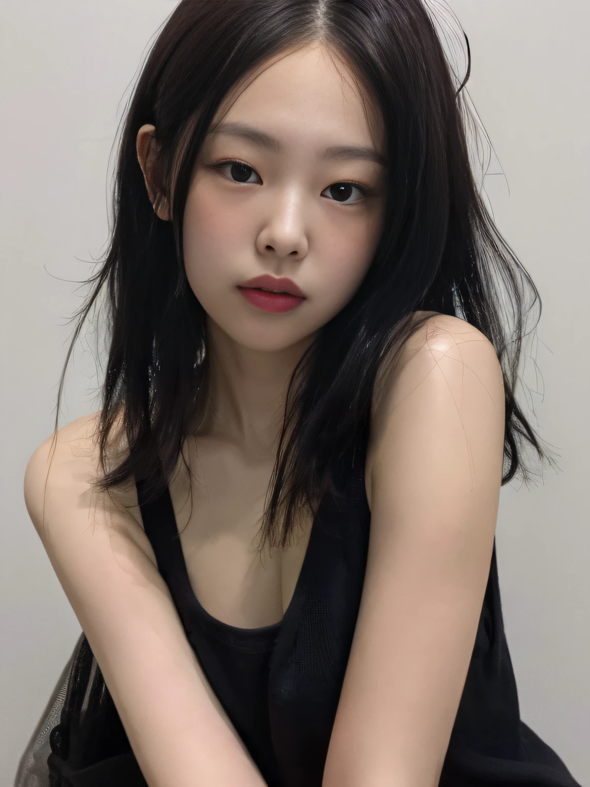 best quality, jjennie face shape, super high resolution, supermodel, (realism: 1 girl.8), RAW photo, 1 girl a girl, bare shoulders, wearing black vest, looking at the camera head-on, ID photo, sexy, black background, in the dark, deep shadow, understated, cold light