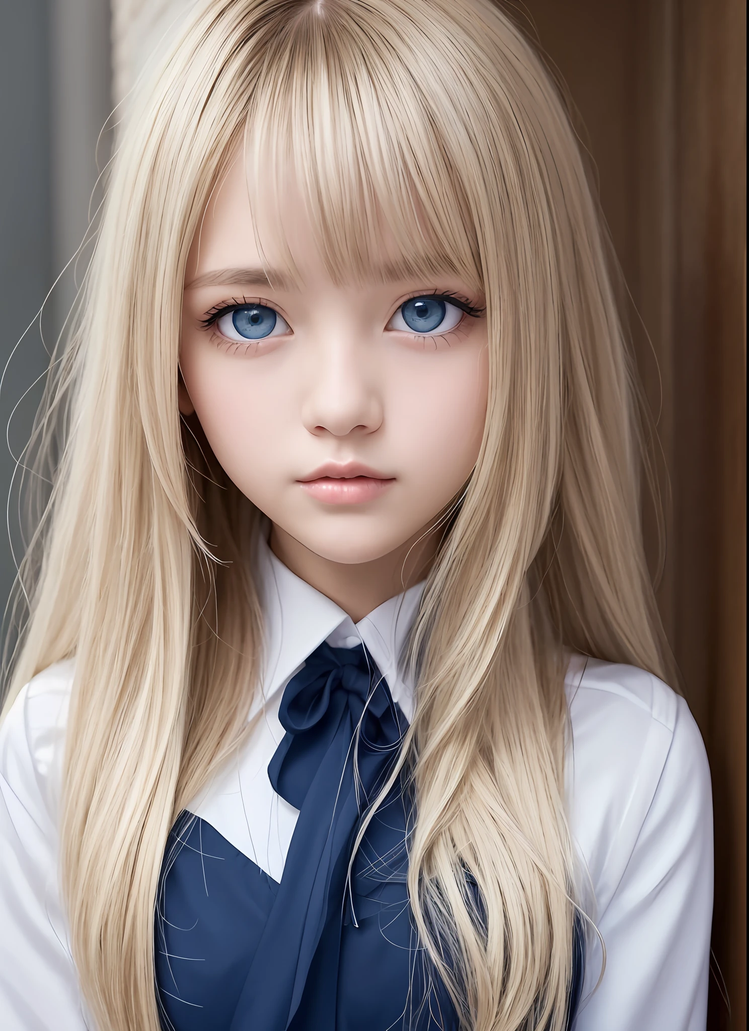 Big blue eyes with radiant transparency、Bangs above both eyes、Perfectly beautiful 18 year old beautiful girl、a miniskirt、shiny young and beautiful white shiny shiny skin,,、Sexy and very beautiful good looks、Very cute face with perfect beauty、Super long platinum blonde hair、Super Long Straight Silky Hair、二重まぶた、eye line、School Uniforms、Large bust