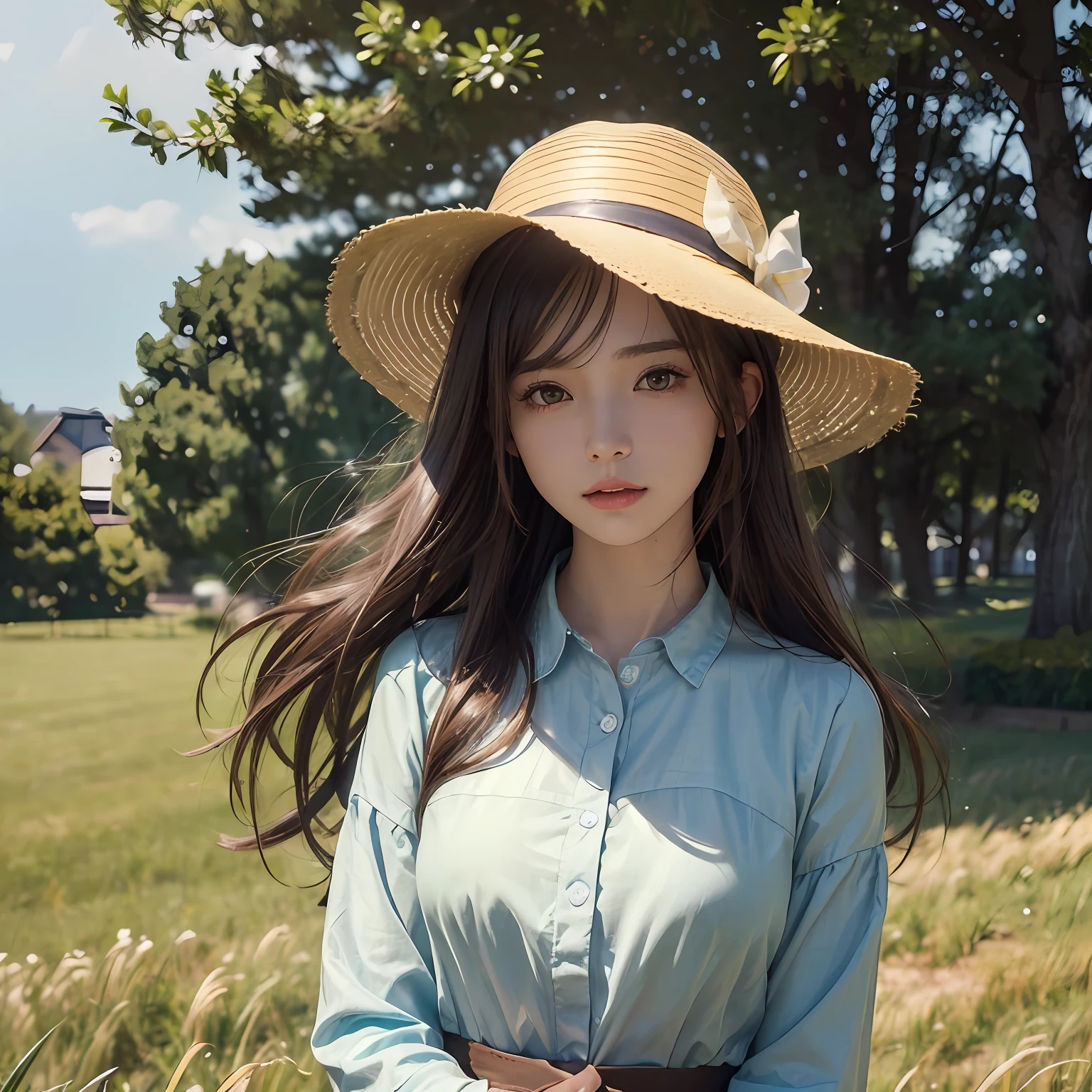 Raw photo、Hair that flutters in the wind、grass field、((Realistic lighting、top-quality、in 8K、​masterpiece:1.3))、Clear focus:1.2、Kawaii Girl、Perfect Body Beauty:1.4、((dark brown  hair))、(outside of house)、Superfine Face、二重まぶた、a straw fedora hat