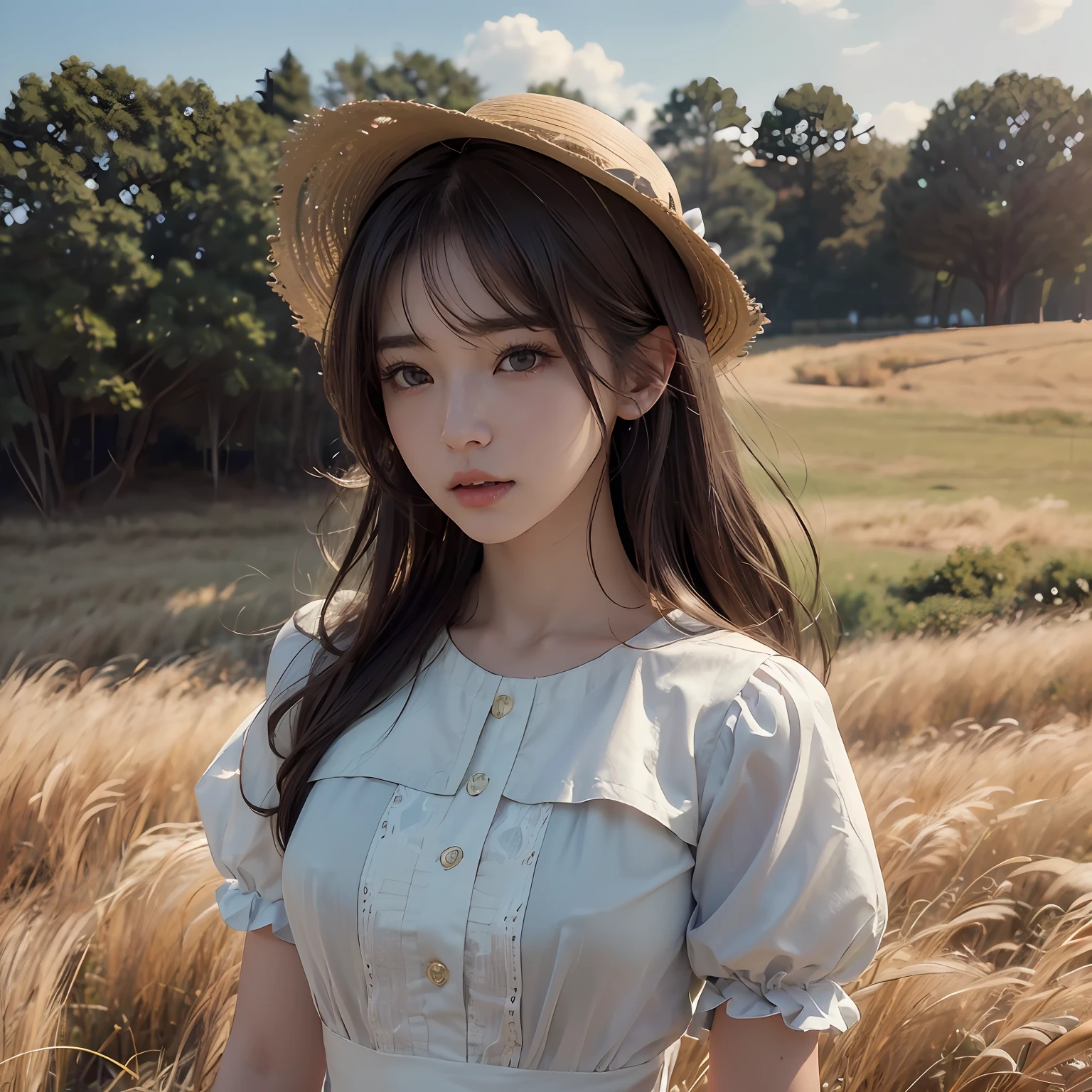 Raw photo、Hair that flutters in the wind、grass field、((Realistic lighting、top-quality、in 8K、​masterpiece:1.3))、Clear focus:1.2、Kawaii Girl、Perfect Body Beauty:1.4、((dark brown  hair))、(outside of house)、Superfine Face、二重まぶた、a straw fedora hat