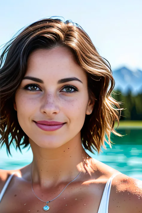 gorgeous forty year old woman with short wavy brunette hair, looking away from the camera, swimming in an alpine lake, water up ...