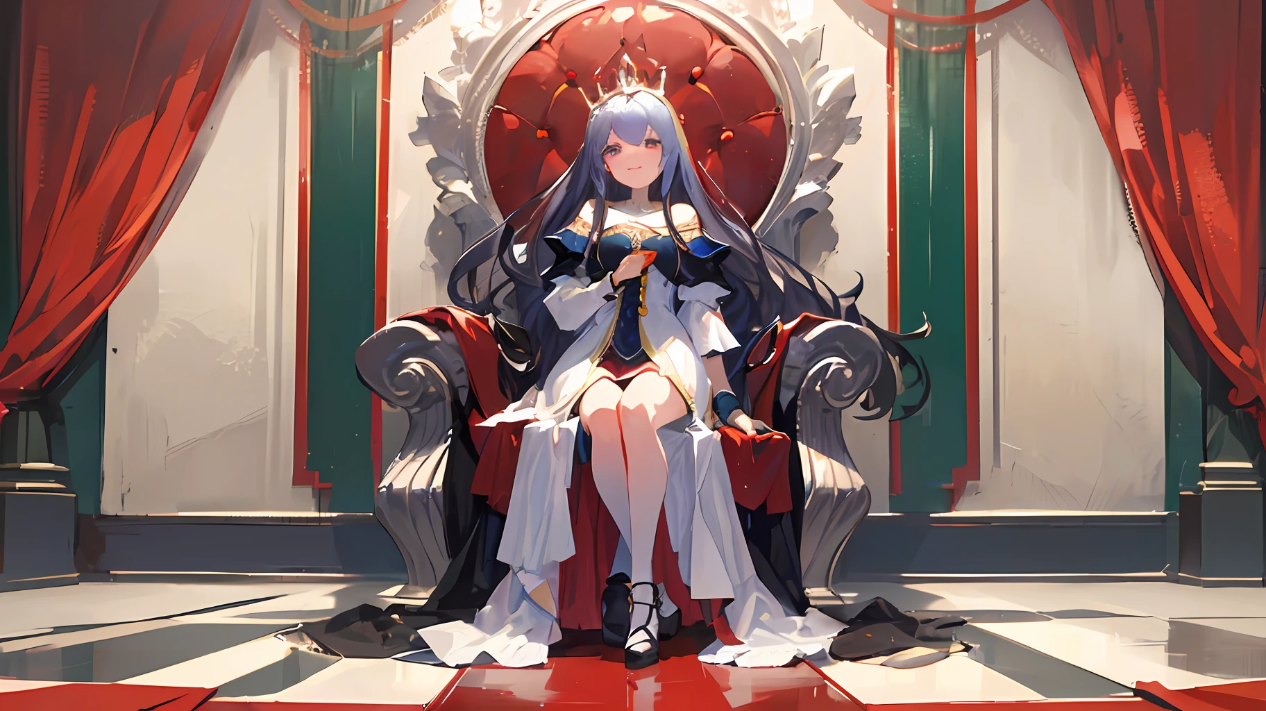 Cute princesss, (western clothes), (medieval fantasy), round eye, charm smile, (sit on platinum throne), full body shot, throne room background