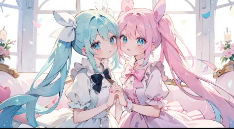 twinsies、Pink hair、light blue  eyes、Only one twintail、Holding hands、Magic Street、onepiece、bow ribbon、​masterpiece、top-quality、Top image quality、lightblue hair