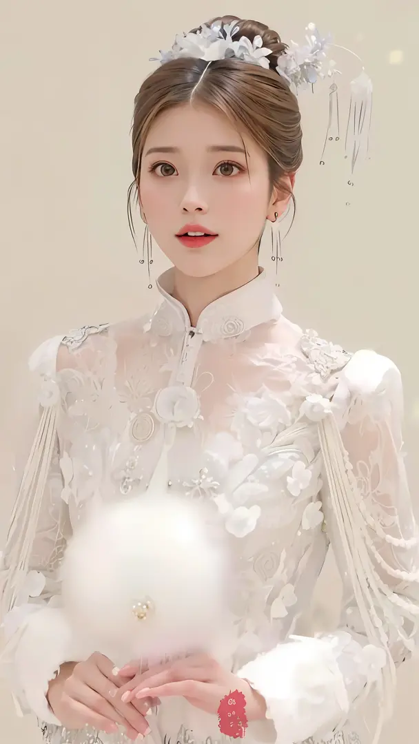 A close-up of a woman in a white dress holding a white ball, Cheongsam, White Hanfu, ruan jia beautiful!, Inspired by Huang Ji, ...