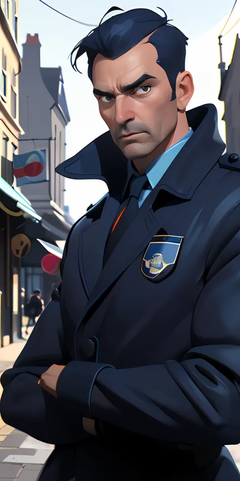 (Character: one English man, 40 years old, police, serious expression, short windswept  hair, strong body)
(Clothing: blue polic...