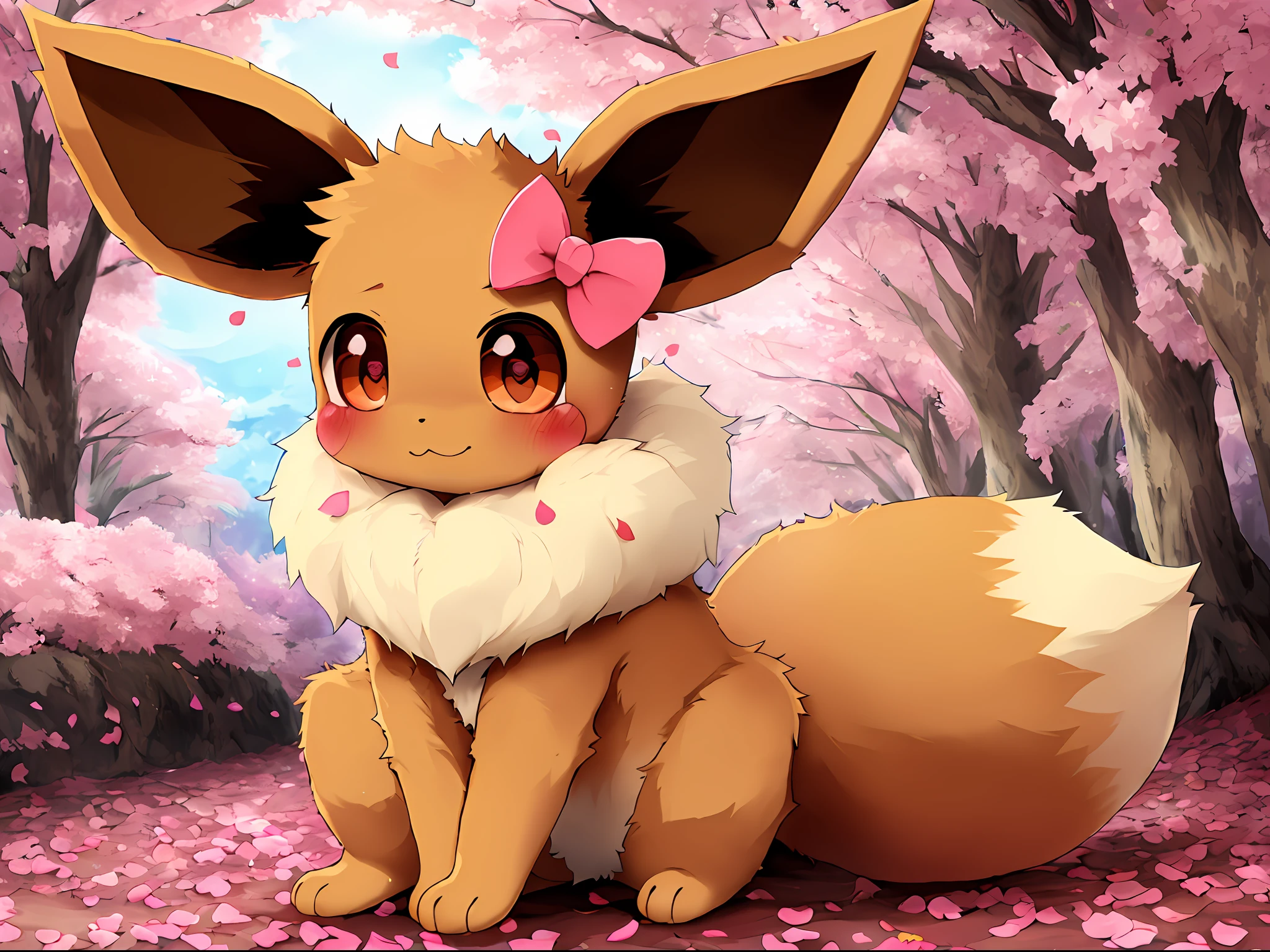 female, 1girl, ((solo)), pokemon, (eevee), feral, (sitting, on all fours), looking at viewer, hearts in eyes, multi colored fur, fluffy, hires, detailed, anime, bow on head, petals, flowers, tree, detailed background, beautiful detail, sparkles, pixiv, cute kawaii, (())(dagasi)