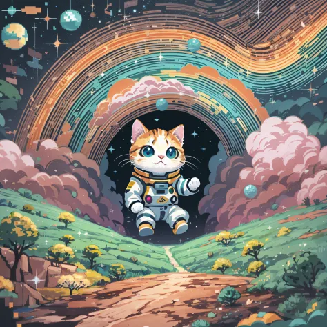 64pixels art, pixel art, very details adorable baby cat, lost in galaxy background, Tshirt design, streetwear design, pro vector...