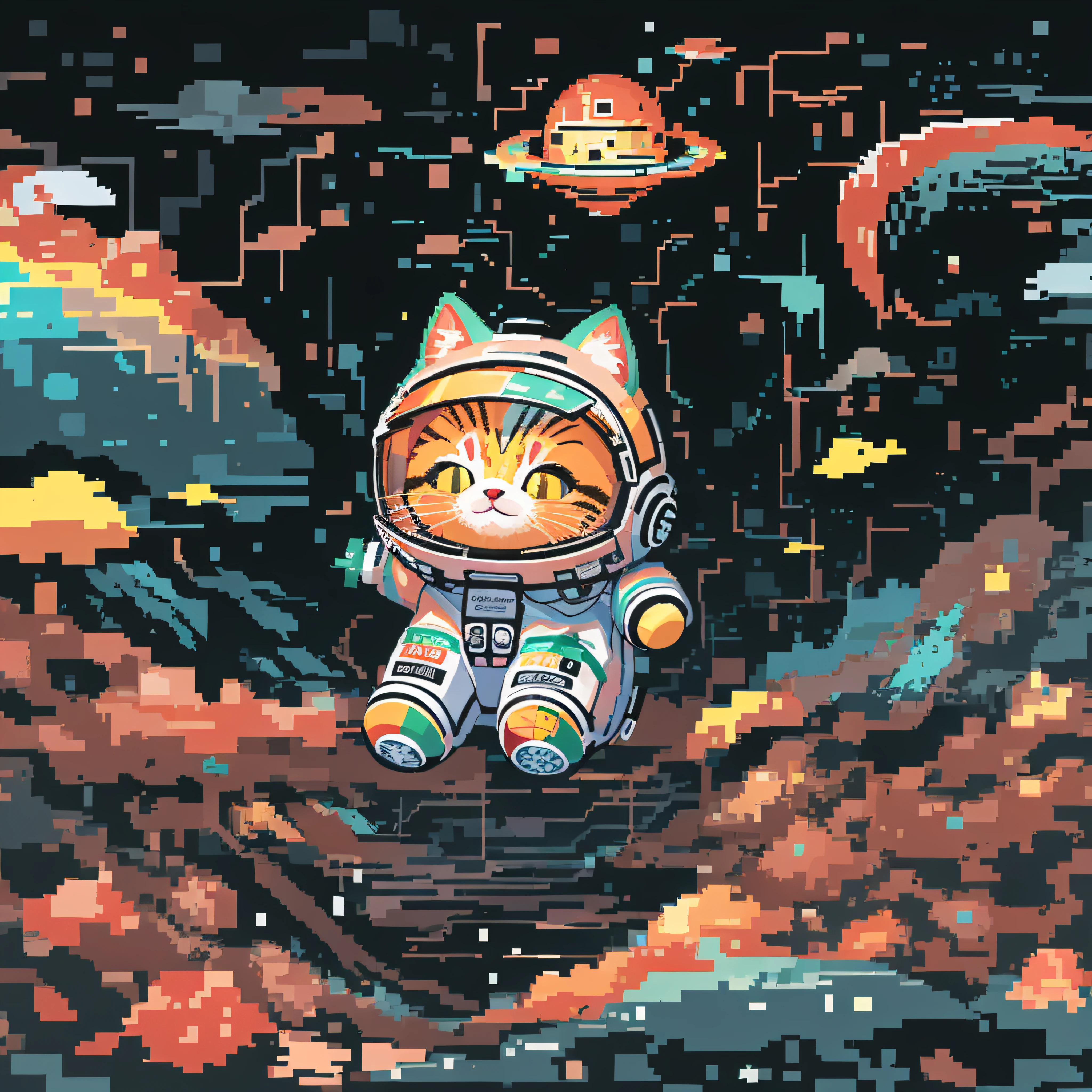 64pixels art, pixel art, very details adorable baby cat, lost in galaxy background, Tshirt design, streetwear design, pro vector, pixel 64bits style, full design, 6 colors only, solid colors, no shadows, full design, warm colors, sticker, bright colors, galaxy environment, Capturing A whimsical, head, spaceship, wearing a nano space suit, winter spring wind rainbow a sprinkle of edible glitter in dream magical ground, trippy, 8k, vivid, ultra details, colourful lighting, surreal photography, portrait, fancy