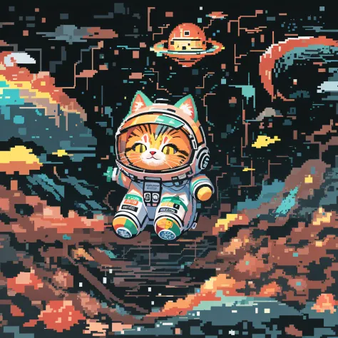 64pixels art, pixel art, very details adorable baby cat, lost in galaxy background, Tshirt design, streetwear design, pro vector...