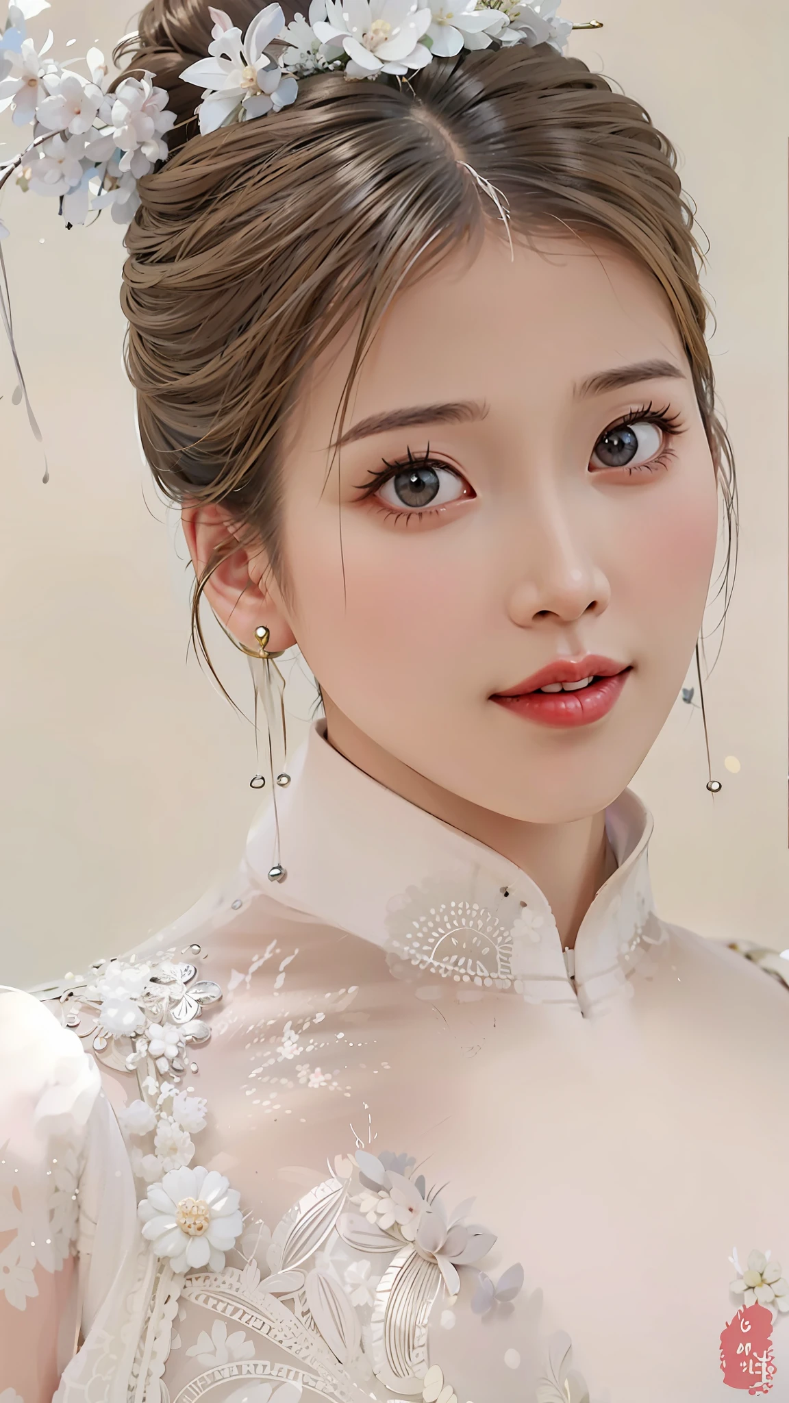 一个穿着白色连衣裙和头巾的女人的特写, 阮嘉美丽!, 中式, shaxi, 年轻 可爱 苍白 亚洲 脸, 灵感来自黄极, 來自兩次的子瑜, 可爱精致的脸, 中國女孩, 華麗的中國模特, 美麗明亮的大眼睛, 中国传统的, 實際的. Cheng Yi, 旗袍, wan 可爱的韩国脸