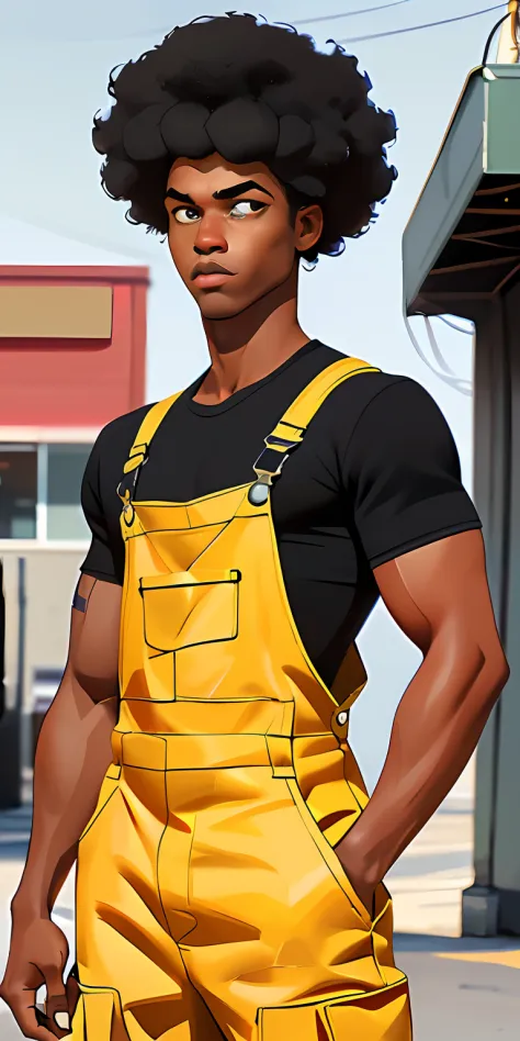 (Character: one afro-american man, military, black short hair, (athletic body)) 
(Clothing:  yellow mechanic overalls)
(best qua...