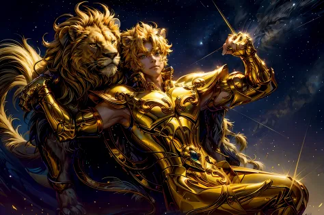 （tmasterpiece，hoang lap，high qulity，best qualtiy，Hyper-detailing，big breasts beautiful）,Magical golden Leo（Anthropomorphic representation of the magical golden Leo），
Yellow-haired people（A man with bright yellow hair, Exudes a captivating aura），
Lion compa...