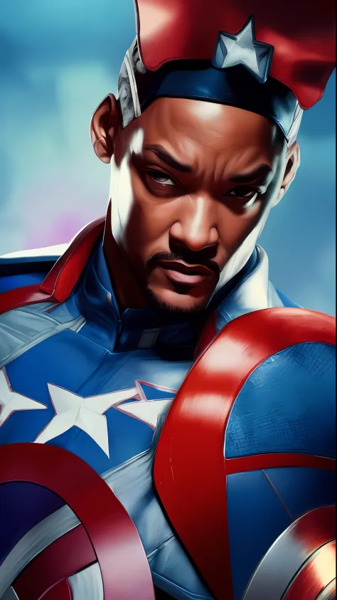. .Tarantino style Will Smith as Captain America 8k, high definition, detailed face, detailed face, detailed eyes, detailed suit, in style of marvel and dc, hyper-realistic, + cinematic shot + dynamic composition, incredibly detailed, sharpen, details + su...