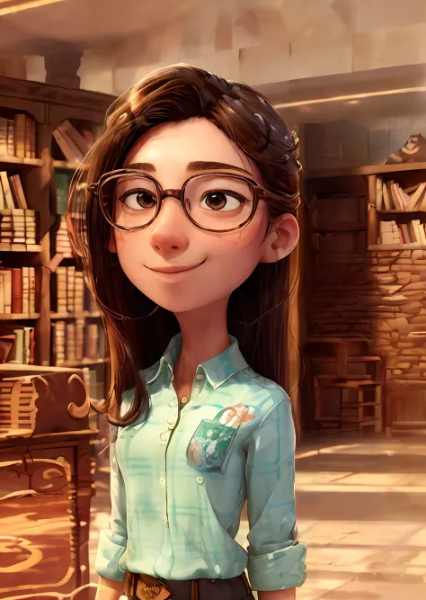 (((best quality))), (((ultra detailed))), (((masterpiece))), illustration, 1girl, Polo shirt, tight clothing, library,   front view, peaceful expression, long straight hair, slender figure, delicate facial features, focused on book, small desk, bookshelf b...