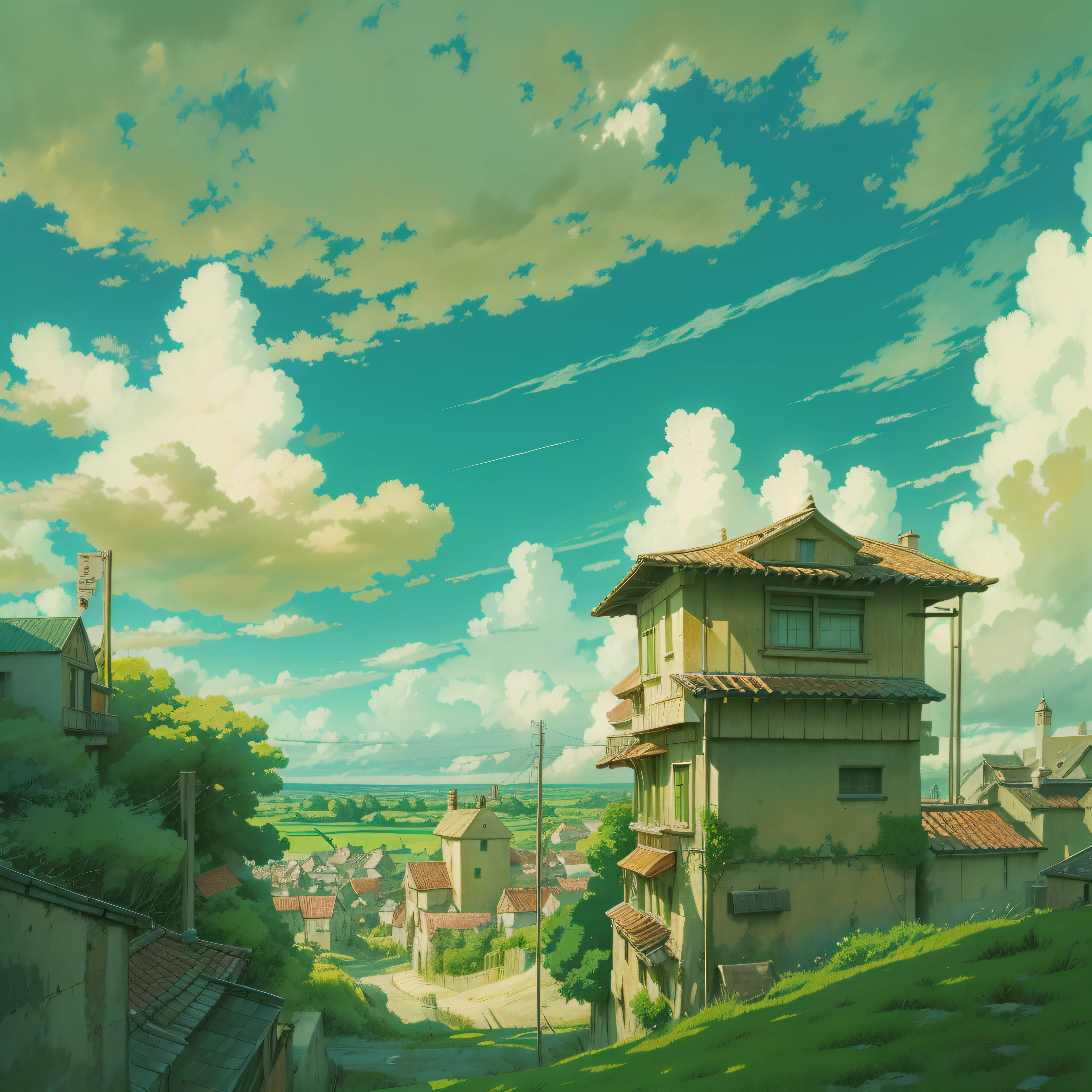 animesque、Skyscape with clouds、Landscape without buildings、You can see the touch of the brush、Studio Ghibli、Ghibli、a sultry、the ground is wet、Scenery、Style、Golden Time、sky line