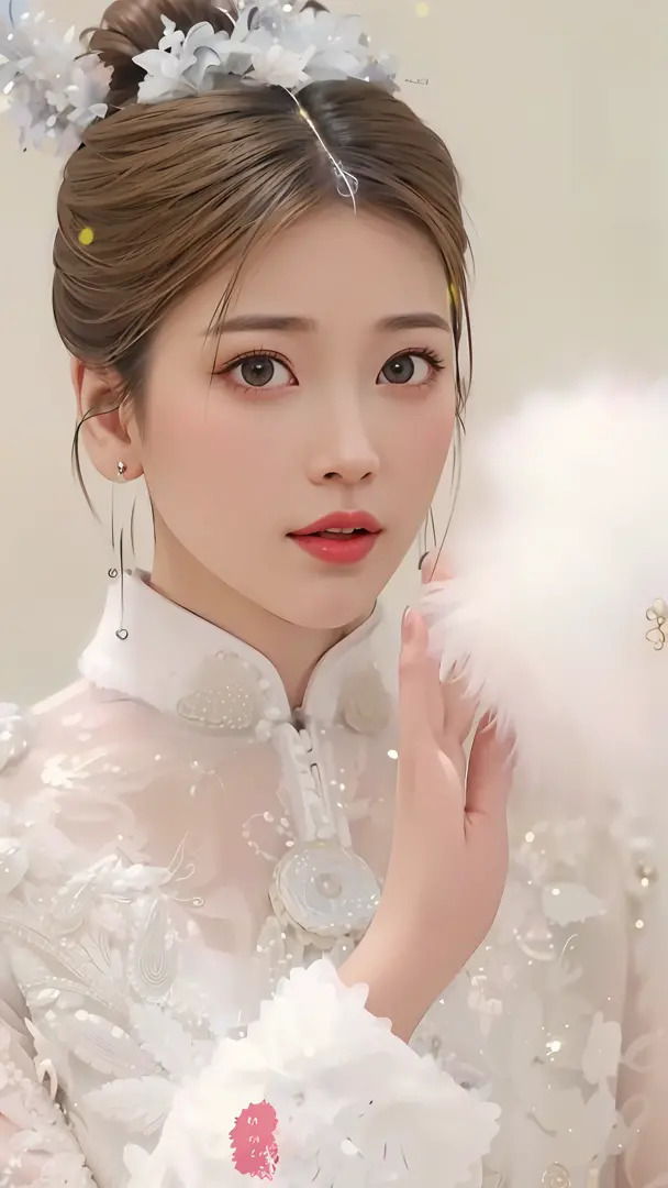 Close-up of a woman in a white dress and feathers, ruan jia beautiful!, tzuyu from twice, shaxi, Palace ， A girl in Hanfu, Inspi...