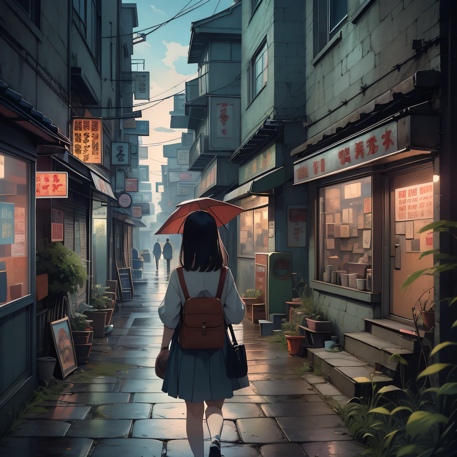 A mixed-media work，Transports the viewer into a whimsical world，Inspired by the visual aesthetics of Studio Ghibli. This artwork depicts a charming evening stroll through a nostalgic town. A combination of traditional and digital art mediums, Such as watercolor and digital painting, to create a unique blend of textures and styles. The composition focuses on a lonely junior high school girl, Her posture conveys a sense of loneliness and introspection. The color palette draws inspiration from Ghibli films, Characterized by warm and earthy tones, With soft pastels and magical glow. The artwork captures the beauty and serenity of the scene, Evokes a feeling of familiarity and nostalgia，Touches the hearts of all who gaze at it.