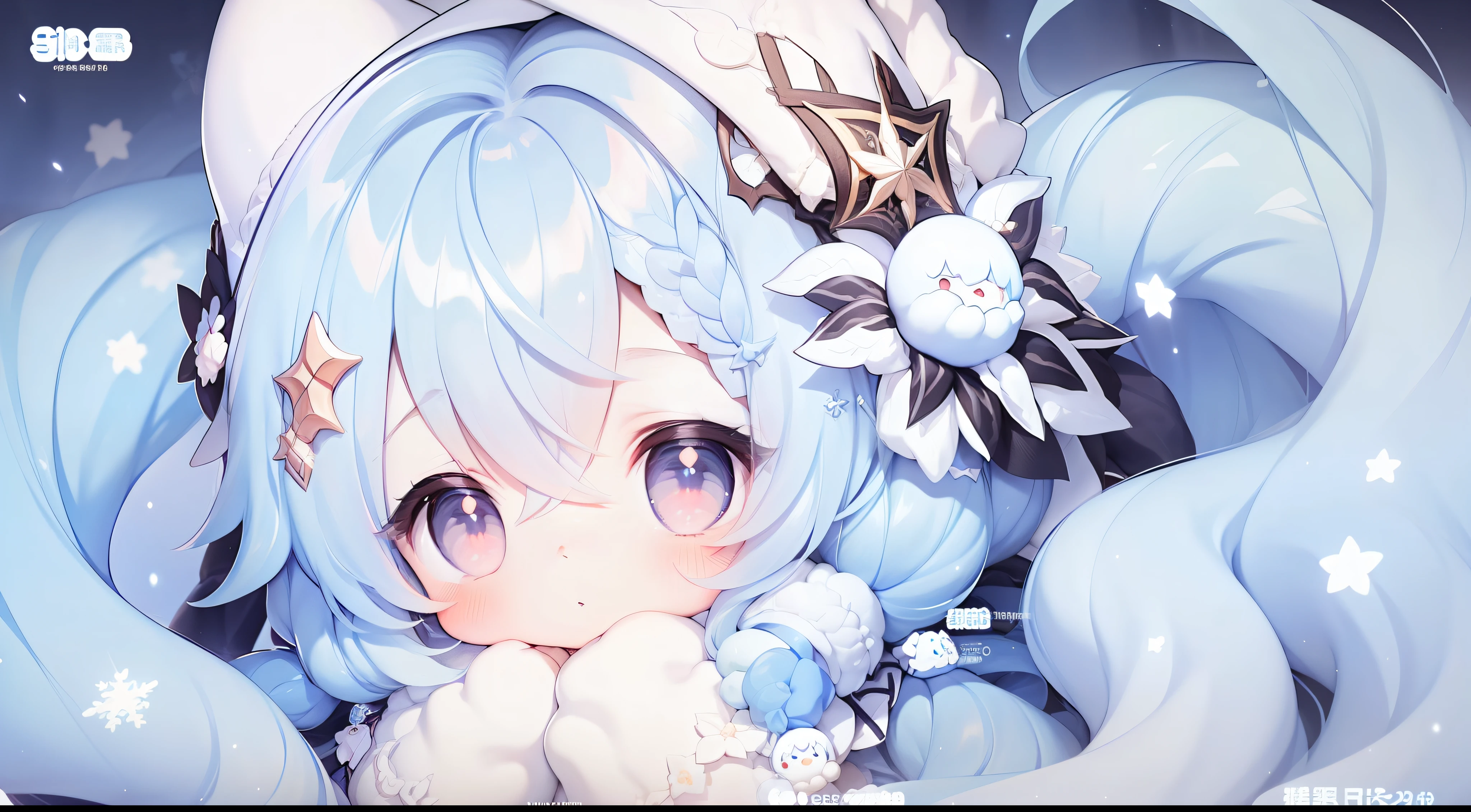 1 chica， solo， Yuki Miku， long whitr cabello， colas dobles， （blue  cabello：1.2）， （whaite cabello：1.1）， lightblue cabello， （（gradient_cabello）））， ojos azules， copo de nieve_imprimir， copo de nieve_cabello_ornamento， Separar las mangas， mangas esponjosas，musical note cabello ornamento， volante， un vestido azul， pantimedias blancas， ropa japonesa，