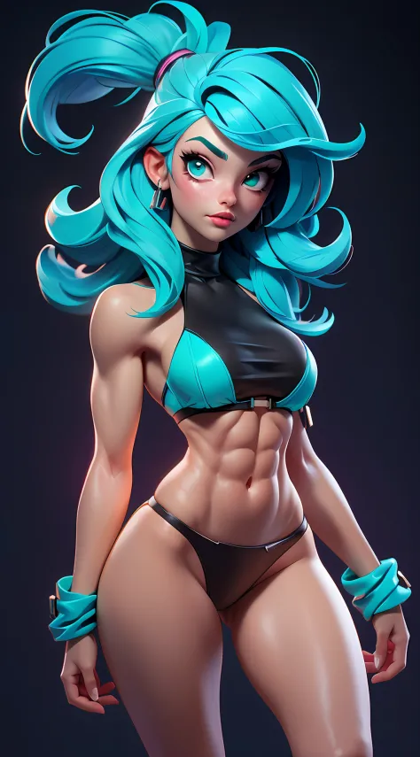 ((Best Quality)), ((Masterpiece)), ((Realistic)) and ultra-detailed photography of a 1nerdy girl with goth and neon colors. She has ((turquoise hair)), wears a small skimpy black bikini thong , ((beautiful and aesthetic)), muscular fit body abs, sexy, unde...
