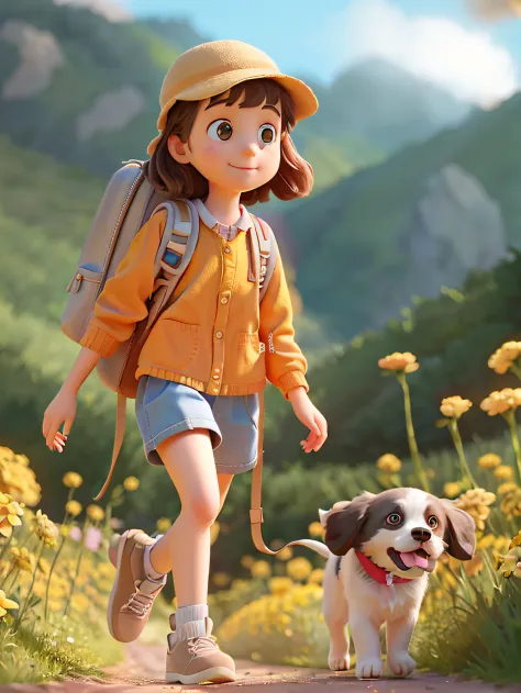 A very charming little girl with a backpack and her cute border collie puppy enjoying a lovely spring outing surrounded by beaut...