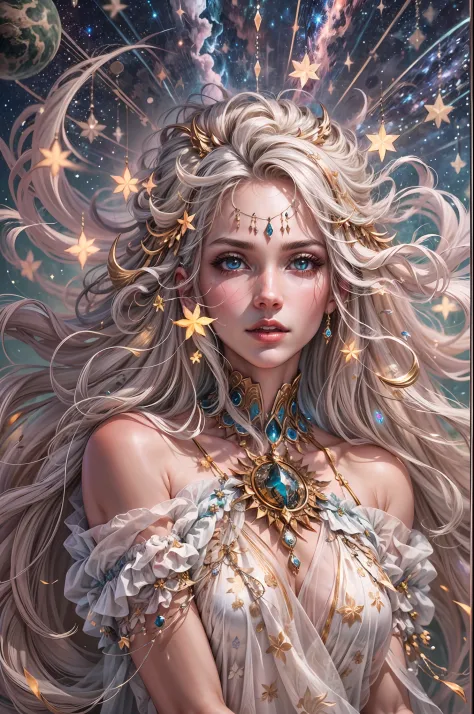 Behold the mesmerizing manifestation of the Sirius wolf stars as a breathtaking woman. Bathed in the ethereal light of these celestial beings, she emanates an otherworldly allure. BREAK Silvery tresses cascade like celestial streams, framing her enchanting...