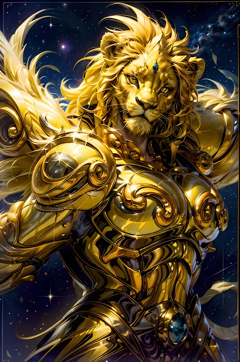 （tmasterpiece，hoang lap，high qulity，best qualtiy，hyper-detailing，big breasts beautiful）,Magical golden Leo: Anthropomorphic representation of the magical golden Leo.
Yellow-haired people: A man with bright yellow hair, Exudes a captivating aura.
Lion compa...
