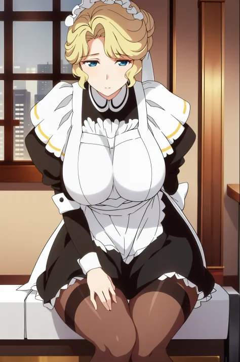 （natta：1.7）， jpn， toyko， cityview， in front of the window，
stand under the gaze，
（legs_black_pantyhose）、maid_apron、maid_headdres...