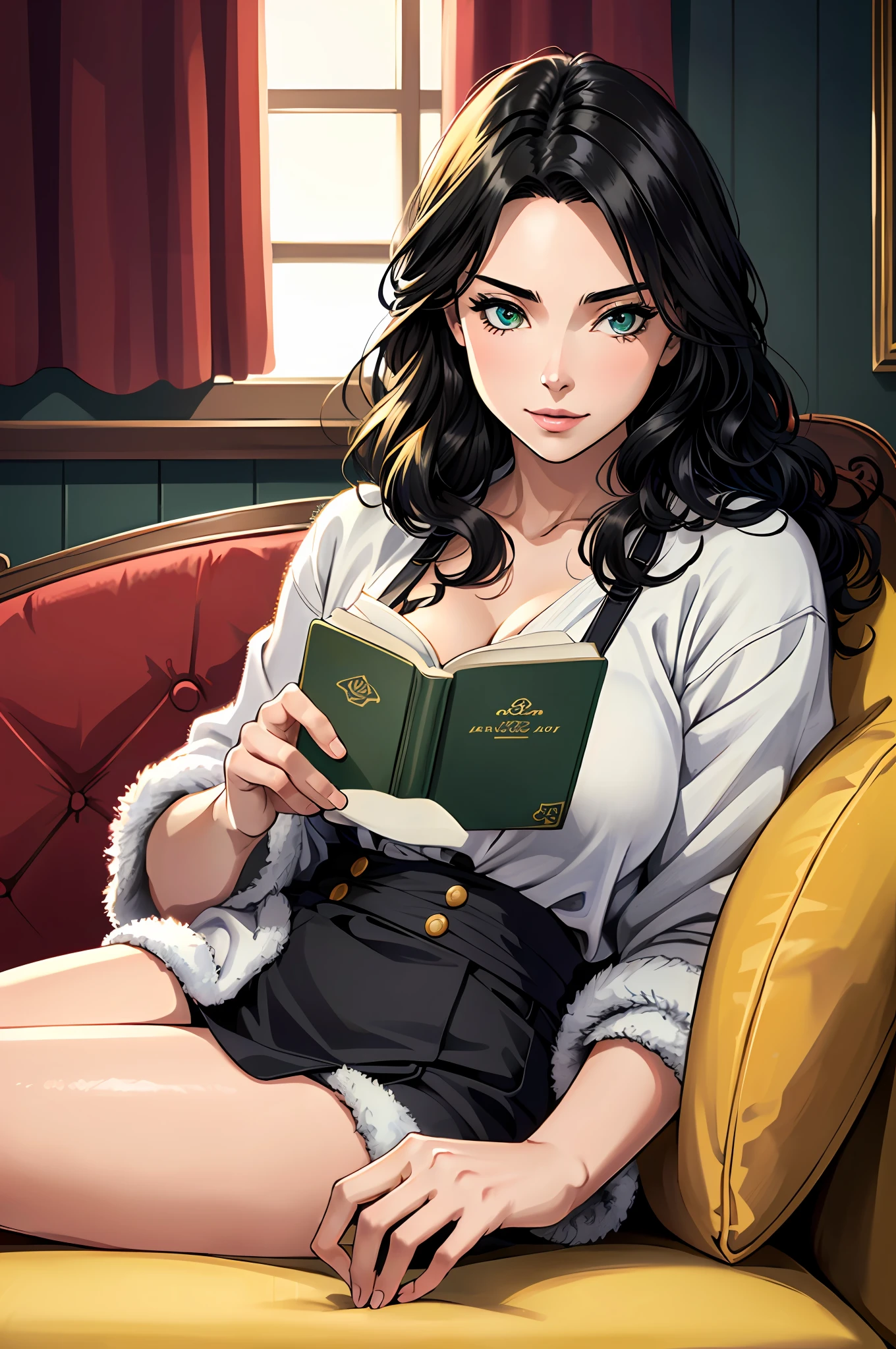 ((((A young woman))), the anime, Green eyes, (black hair), Nice face, ssmile, the perfect body, Wavy Hair, hairlong, (((morena))), big breastes, ((tmasterpiece, beste-Qualit)), illustartion, ультра детализированная 8k, Photorealistic, sharp-focus, higly detailed, Professional lighting, colorful details, Rainbow colors, Glowing, intricate detials, Vivid details, casual wear, Kemi, cozy living room, Sofa, Read the book, soft fluffy slippers on your feet, lying on the couch