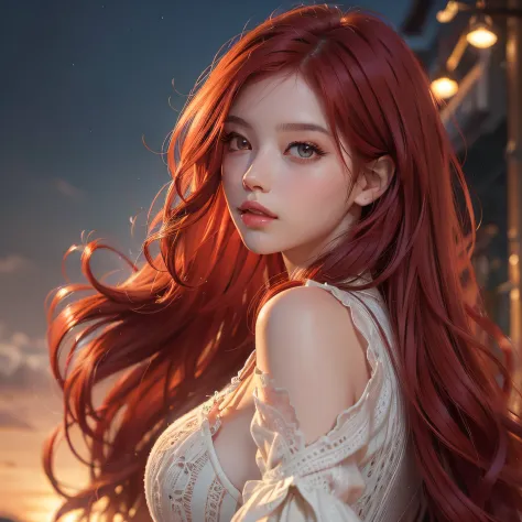 (masterpiece:1.2), (best quality:1.2), night, (looking at viewer), bright skin, outdoors, fringe, long hair, (wavy hair), soft lips, glossy lips, highly detailed, (semi-realistic:1.2), red hair