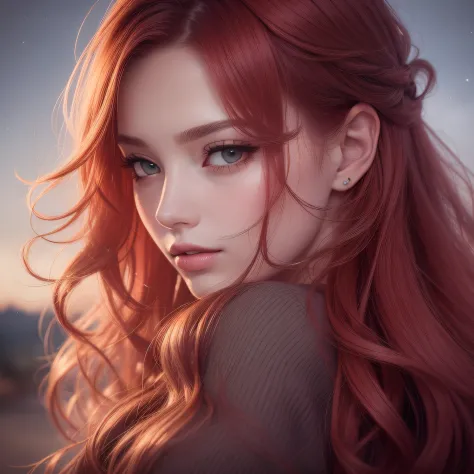 (masterpiece:1.2), (best quality:1.2), night, (looking at viewer), bright skin, outdoors, fringe, long hair, (wavy hair), soft lips, glossy lips, highly detailed, (semi-realistic:1.2), red hair