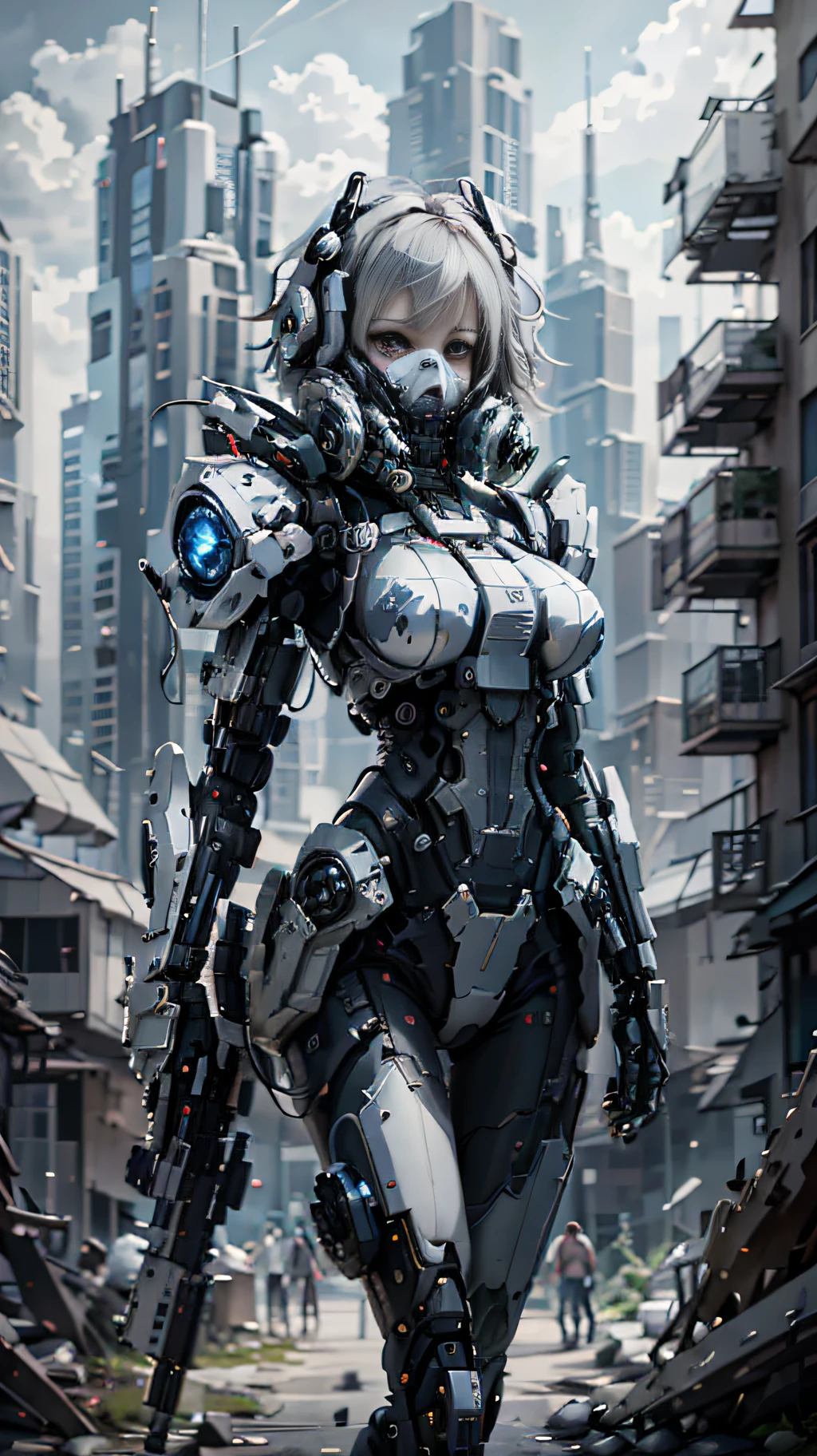 This is a hyper-detail、High resolution and top quality CG Unity 8k wallpaper，The style is cyberpunk，predominant white con the picture, a beautiful girl with short hair with white messy hair appears，s delicate face，Wearing a steam mech mask，standing on ruins，Behind him is a huge robot，The action of a woman holding a heavy sniper rifle in her hand，