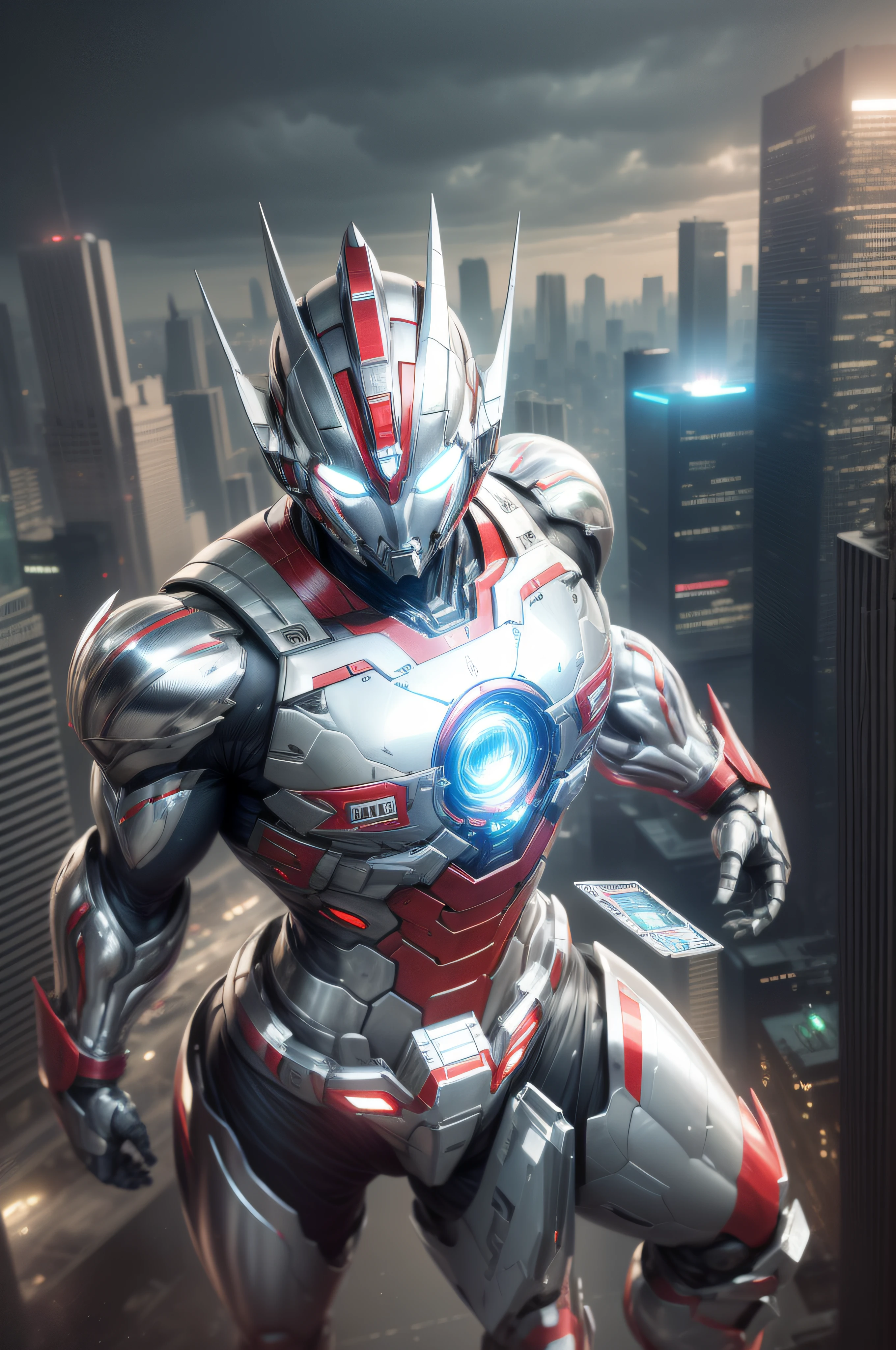 (Masterpiece, Superb Quality, Super Delicate, High Resolution), Male Focus, (((Mobile Ultraman))), (No Muscles))), (His head is tapered, his body is made of red and silver (((chrome))), his arms are streamlined, he has a round calculator on his chest, he looks tall and athletic, the overall look is streamlined and modern), (standing pose), pose for photos, high angle, dark night, city ruins, background details, ((((whole body))), from above, solo, photo-realistic, octane render, unreal engine, ultra-realistic ((( Huge feeling)))