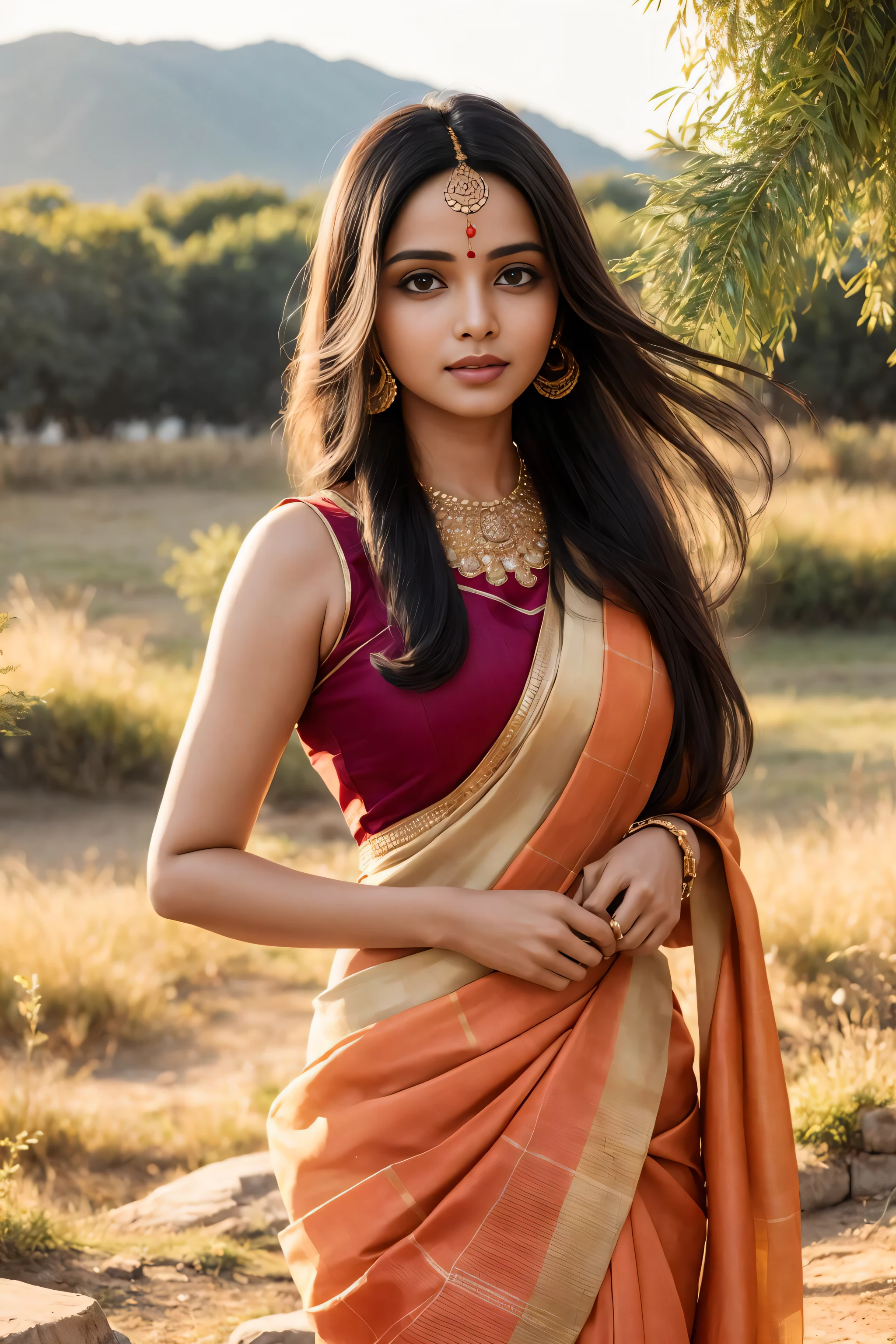 masterpiece, ultra detailed, hindi woman, india, wearing traditional hindi attire, wearing sari, long hair, windy, wearing, background is rural area, (night:1.2), detailed shadow, detailed face textures