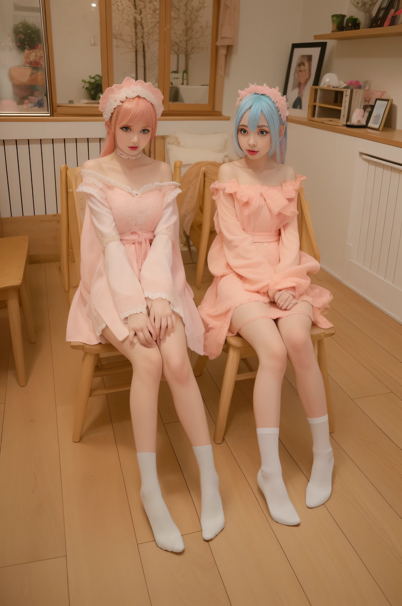 Two girls in pink dresses sitting on wooden chairs, Anime cosplay, Anime girl cosplay, cosplay foto, pastel pink robes, cosplay, full-cosplay, publicity cosplay, cosplay of a catboy! maid! dress, Ayaka cosplay, pink twintail hair and cyan eyes, style of magical girl, Loli, japanese maid cafe