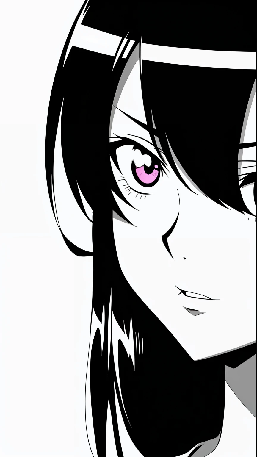 Anime-Mädchen mit schwarzen Haaren, das in die Kamera schaut, schwarz-weißer Manga-Stil, schwarz-weiße Mangaseite, schwarz-weißes Manga-Panel, detaillierter Manga-Stil, detailliertes Anime-Gesicht, dicke schwarze Strichzeichnung, Tinte Manga Zeichnung, schwarze Anime-Pupillen in ihren Augen, Seitenblick, Schwarz-Weiß-Comics, perfektes Anime-Gesicht, extrem feine Tinten-Lineart, detailliert - Gesicht!!