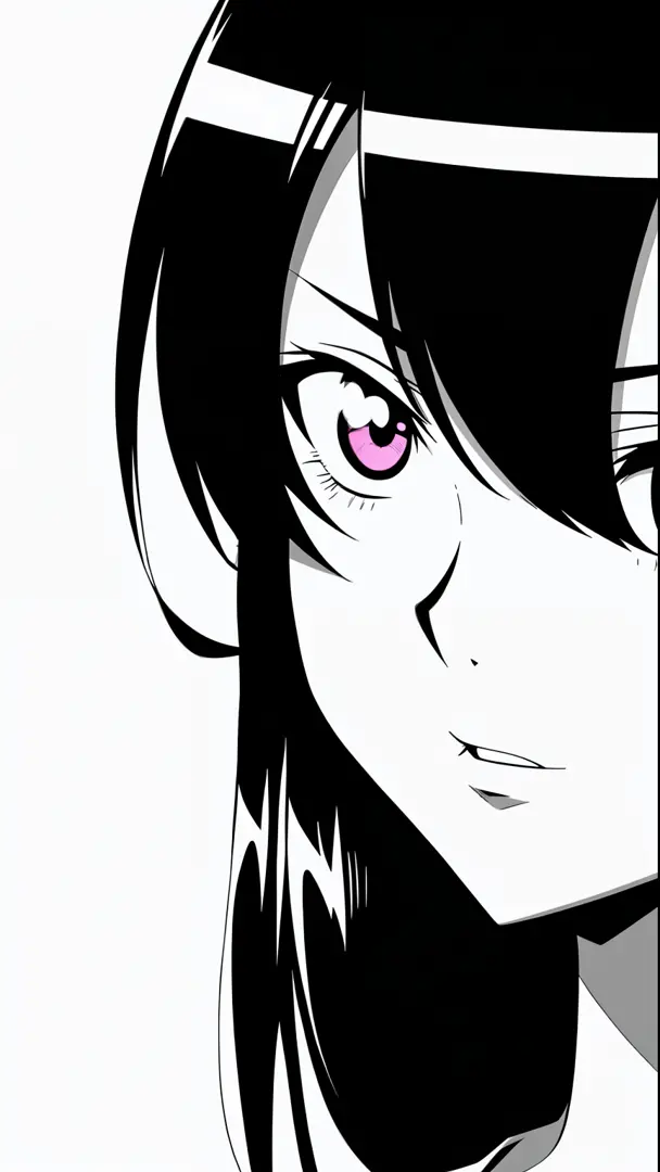 anime girl with black hair looking at camera, black and white manga style, black and white manga page, black and white manga pan...