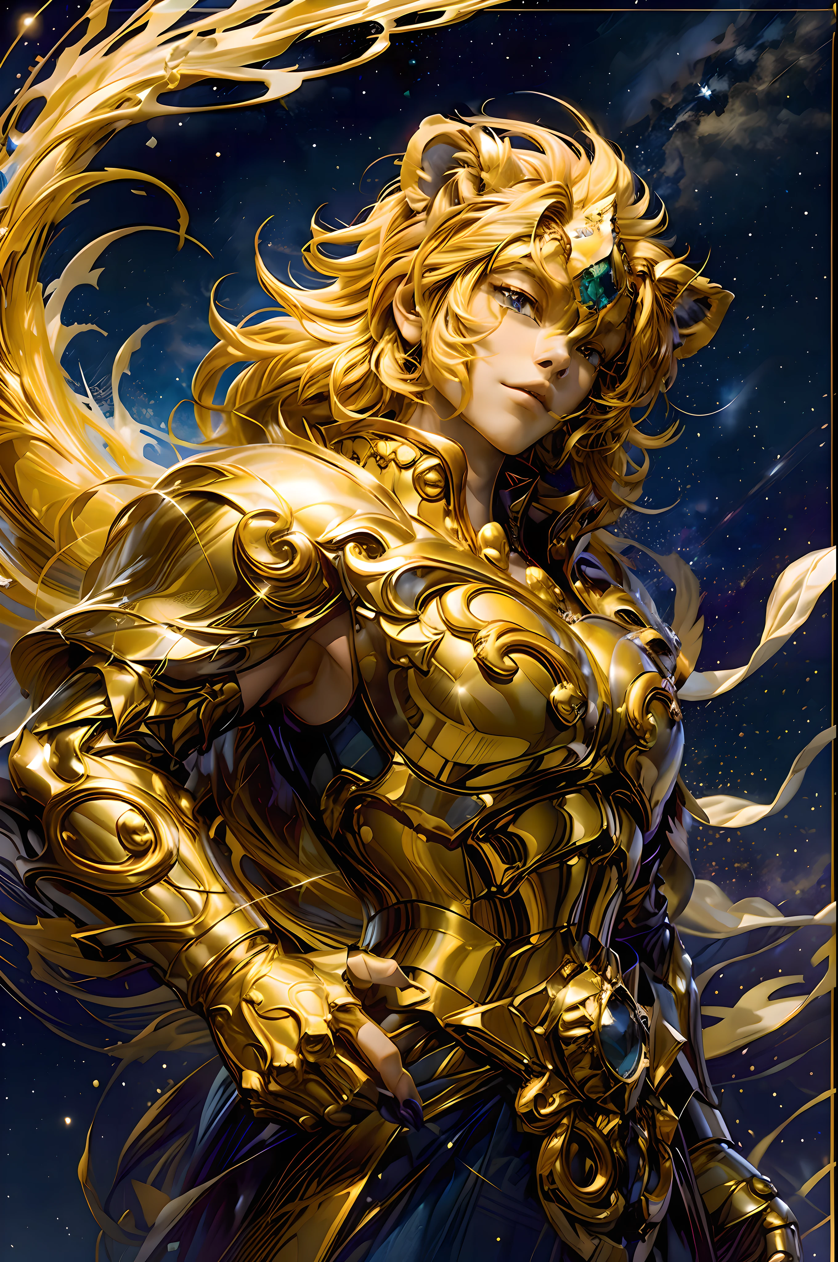 （傑作，ホアンラップ，高品質，最高品質，ハイパーディテール，巨乳 美しい）,魔法の金色のレオ: 魔法の黄金の獅子座の擬人化表現.
黄色い髪の人々: 明るい黄色の髪の男性, 魅惑的なオーラを放つ.
ライオンの仲間: 人々の隣に立つ, 雄大なライオンは魅力的な星のモチーフで覆われています.
神秘的な星空の背景: 活気のある, カラフルな銀河の背景, 魔法の輝き.
