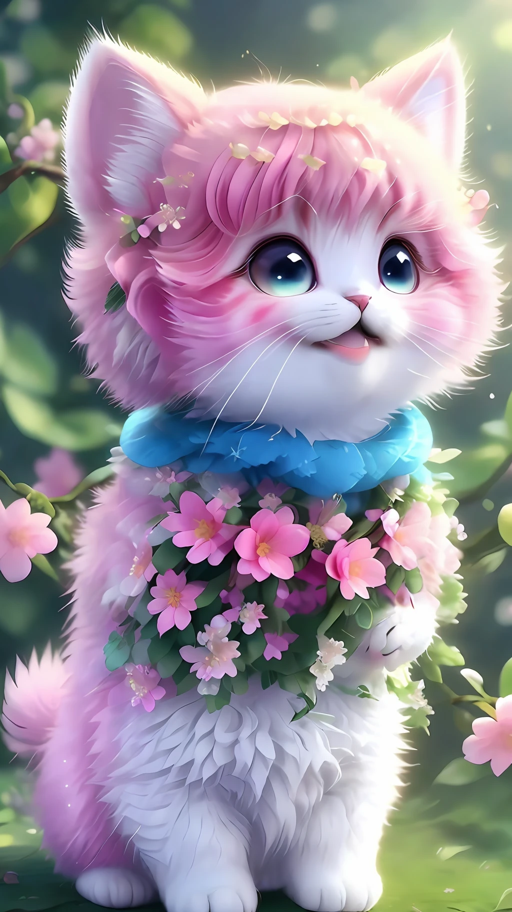 ， Realistis， shaggy， （Kitten dressed）， an cheeks， full bodyesbian， Non-human， ssmile， sparkle eyes， Minitary， Sit on a branch， lying down，in pink，Left！！！