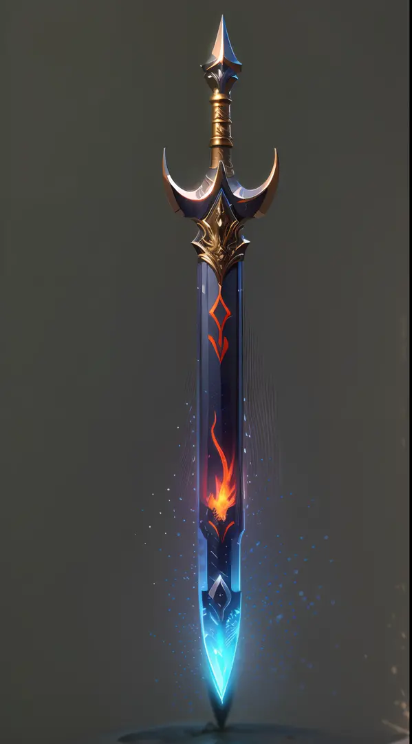 Close-up of medium and close shots，（A sharp flame sword：1.3），Slightly longer hilt，（The sword body is filled with red flame particle effects：1.3），（Blue sword qi entwined：1.3），（The Flame Sword was suspended in the vast stone cave；1.3），The cave has a pool，Com...